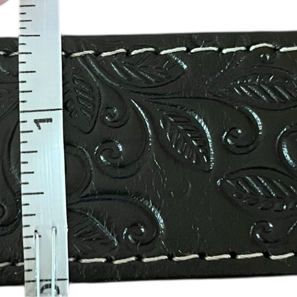 Warehouse One Embossed Black Leather Belt Medium Silver Buckle - Picture 11 of 13